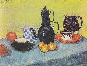 Still life with coffee pot, dishes and fruit